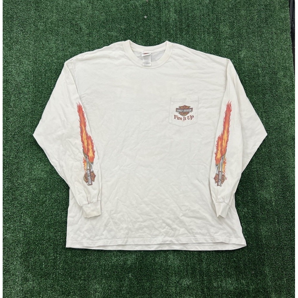 VTG 2007 Harley Davidson Fire It Up Flame Sleeve Pocket T-Shirt White 2XL USA!!!